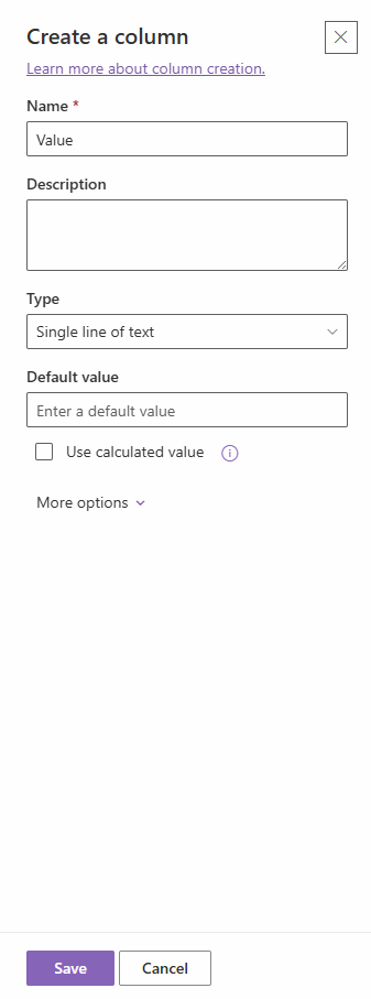 Name the column Value and click Save